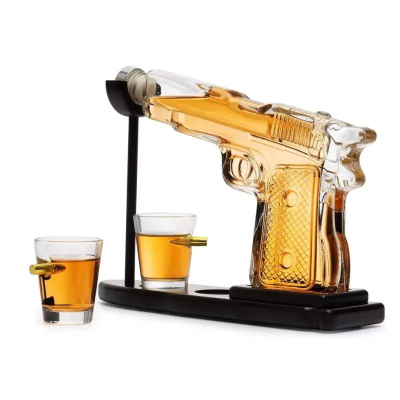 Sticla pistol, suport lemn cu 2 pahare